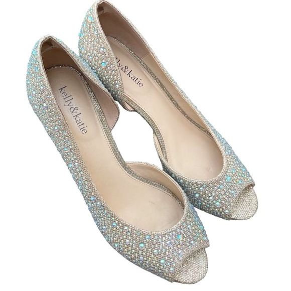 Kelly &‎ Katie Peep Toe Rhinestone Embellished D'Orsay Pumps Size 9.5 Silver - Picture 1 of 9